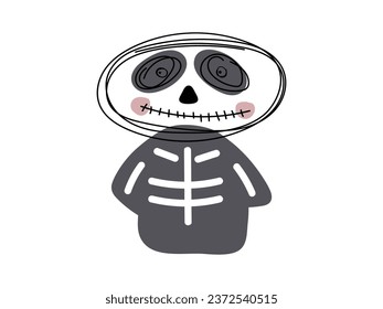 Halloween smiling skeleton character. Happy Halloween character portrait in doodle outline style. Funny Happy Halloween Black and white vector Illustration. Cute sketch linear scary spooky character