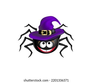 Halloween smiling spider wearing purple witch hat isolated on white background. Editable Vector illustration