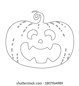 Halloween smiling spooky pumpkin. Doodle black outline silhouette of holiday symbol vegetable for coloring postcards posters. Stock vector hand drawn illustration isolated on white background.