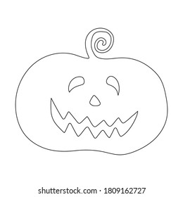 Halloween smiling spooky pumpkin. Doodle black outline silhouette of holiday symbol vegetable for coloring postcards posters. Stock vector hand drawn illustration isolated on white background.