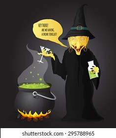 Halloween smiling witch offering a glass of poison with a speech bubble while boiling a toxic substance in a cauldron in vector