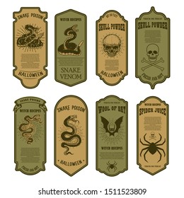 Halloween snake poison. Skull powder. Bottle label template. Design element for poster, card, banner, sign. Vector illustration