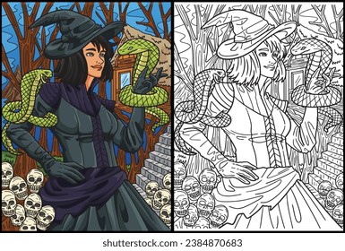 Halloween Snake Tamer Coloring Page Illustration