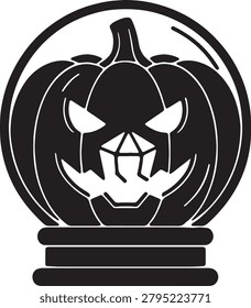 Halloween snow globe with pumpkin face, spooky festive decoration icon.