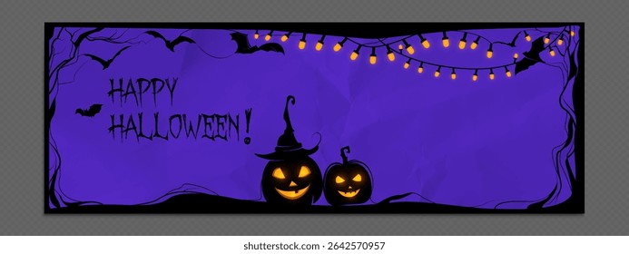 Halloween social media banner frame with purple paper textured background - spooky glowing pumpkin lanterns, string lights and flying bats. Happy holiday greeting with twisted tree branches.