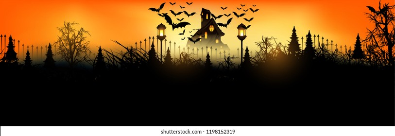 Halloween social media banner or sale header with pumpkins, hat, hut & gate & Horror background.