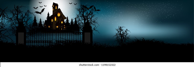 Halloween social media banner or sale header with pumpkins, hat, hut & gate & Horror background.