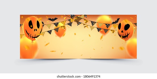 Halloween Social Media Cover Banner Design Template with Jack O' Lantern pumpkin balloon, bunting flags  and serpentine confetti party decorations. Party invitation concept carnival background. Vector