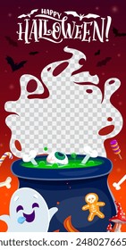 Halloween social media frame template. Spooky adorable vector layout, featuring cute playful ghost, witch cauldron, bats and sweets. Share the ghostly fun and haunt your followers with festive flair