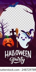 Halloween social media frame template with cute spook in witch hat and pumpkin on night cemetery. Bewitching vector border with adorable ghost adding frightful fun to profile pictures, photos or posts