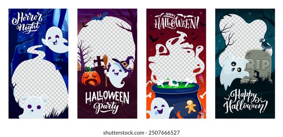 Halloween social media frame templates. Spooky layouts featuring adorable ghosts. Vector set of vertical borders, capture eerie moments in a cute and festive style that adds a ghostly charm to posts