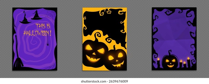 Halloween social media frame templates - purple witch hat poster with spider web, orange jack o lantern border design, spooky pumpkin and candle invitation cards for October holiday party posts.