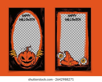Halloween social media frames with spooky pumpkin monster and creepy eyeballs on orange background. Transparent photo borders for stories, party invitations and October holiday content creation.