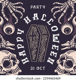 Halloween social media invitation in style doodle vintage, Social media feed with skull, bone, and coffin element