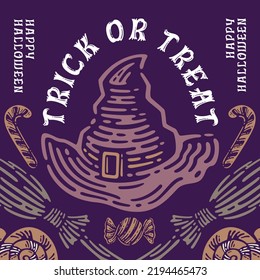 Halloween social media invitation in style doodle vintage, Social media feed Trick or Treat with hat witch and candy element.