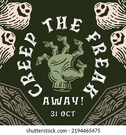 Halloween social media invitation in style doodle vintage, Social media feed with zombie hand, spooky, and coffin illustration.