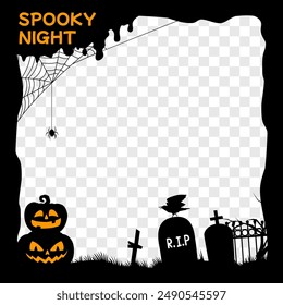 Halloween social media post black frame template with pumpkins on cemetery, vector silhouette. Halloween holiday spooky night cutout tombstones on graveyard for social media storytelling post frame