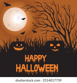 Halloween social media post. black and yellow theme banner celebration. dark death evil fantasy design. gothic graveyard haunted. pumpkin illustration with moon and bats. tree and grass black vector