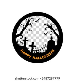 Halloween social media post frame template. Vector round border with ghostly trees and graveyard. Spooky background with black and orange colors, flying bats, cemetery tombs, and bat silhouettes