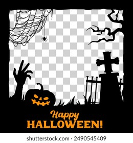 Halloween social media post frame template. Vector square border with black silhouettes of zombie hand, eerie pumpkin, tree and spider on web at cemetery with creepy tomb create festive spooky design