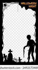 Halloween social media post frame template. Vector spooky rectangular vertical border, with zombie, cemetery tombs, creepy spiders and lianas black silhouettes, create a festive and engaging design