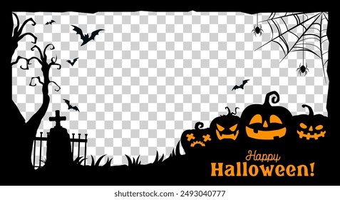 Halloween social media post frame template with pumpkins, spiders and bats vector silhouettes. Halloween horror holiday frame with border lines of spooky cemetery, cobweb, tombstones and creepy trees