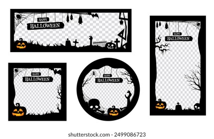 Plantillas de marco de post de medios sociales de Halloween para la noche de terror de vacaciones, monstruos de dibujos animados de Vector. Linternas de calabaza espeluznantes de Halloween, fantasmas aterradores y cráneo de esqueleto en el cementerio para marcos de redes sociales