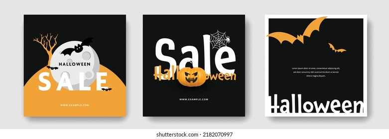 Halloween social media post layouts, modern spooky and scary templates with vector illustrations, spider and cat with pumpkin, evil house with bats and moon