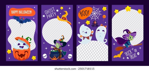 Halloween social media post templates with frames and funny ghosts, vector borders. Halloween holiday social media storytelling post frames with cute witch on broom with potion cauldron and pumpkins