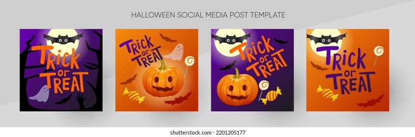 Halloween social media post vector template set. Trick or treat with candy, pumpkin and bats on dark violet background. Spooky vector illustration.