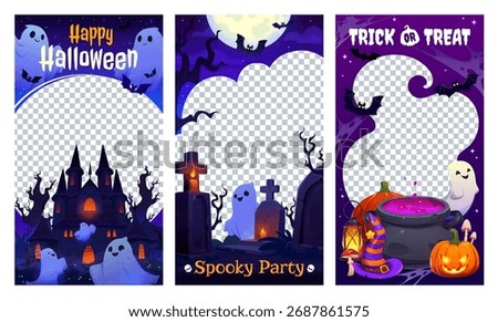 Halloween social media post vector templates with trick or treat cauldron, ghosts, bats, haunted houses and gravestones. Cartoon Halloween web post frame borders with pumpkins, witch hats and moon