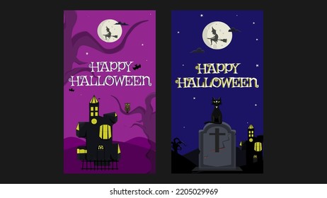 Plantilla de medios sociales de Halloween. Cartel de la historia de Halloween feliz. Diseño de afiches morado y azul oscuro. Ilustraciones de brujas, murciélagos, tumbas, gatos, mundos y de la casa embrujada.