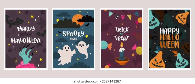 Halloween social media template poster for stories, vertical banner. Cute characters. Flat style illustration with cute characters. Vector design for autumn festivities