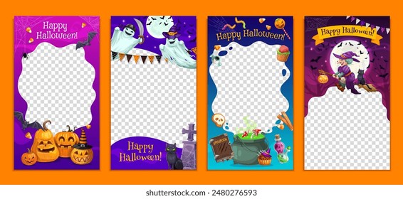 Halloween social media templates with cartoon holiday characters, vector decorative frames. Spooky pumpkin, witch on broom and potion cauldron with trick or treat candies for Halloween social media