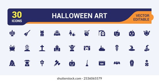 Conjunto de iconos sólidos de Halloween. Conjunto de iconos con fiesta de halloween, embrujado, cementerio, horror, escoba, calabaza y más. Icono plano minimalista lleno. Conjunto de iconos llenos de Vector.