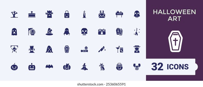 Conjunto de iconos sólidos de Halloween. Conjunto de iconos con fiesta de halloween, embrujado, cementerio, horror, escoba, calabaza y más. Icono plano minimalista lleno. Conjunto de iconos llenos de Vector.