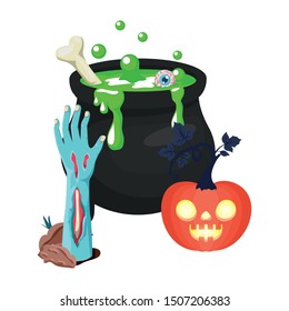 halloween sombie hand and cauldron with pumpkin