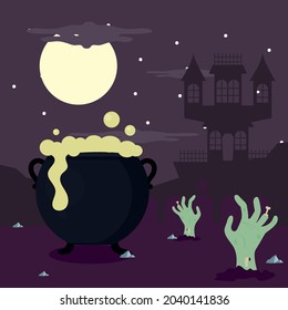 halloween sombie hand and cauldron scene