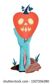 halloween sombie hand lifting pumpkin with dark face
