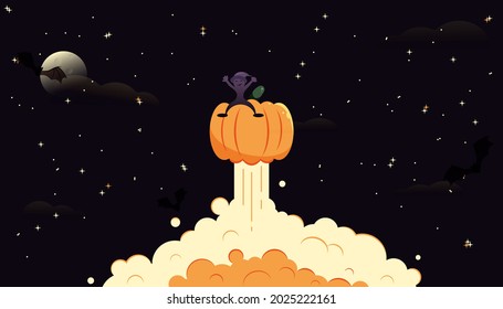 Halloween space landscape. Pumpkin rocket with a cheerful alien in a witch's hat against the background of a starry sky with a full moon and bats. Funny cute flat design. Vector illustration