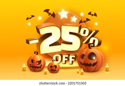 Halloween special 25 off sale banner, promotion flyer, marketing label. Vector illustration