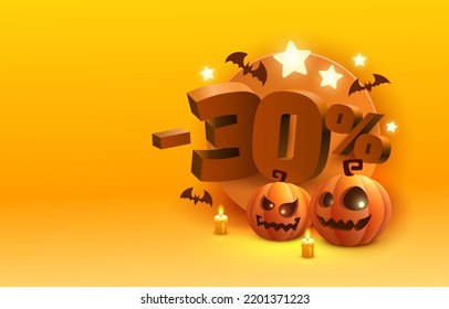 Halloween special 30 off sale banner, promotion flyer, marketing label. Vector illustration