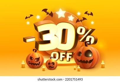 Halloween special 30 off sale banner, promotion flyer, marketing label. Vector illustration