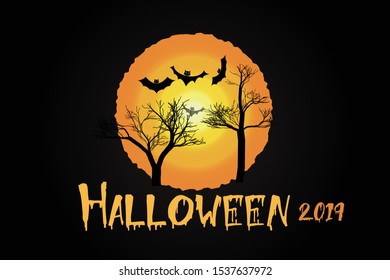 Halloween Special dark theme illustration with moon trees and bats flying in the darkness Happy Halloween 2019