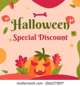 Halloween special discount banner. Vector illustration of pumpkin with autumn theme. Social media post template for sales and advertising. Abstract cute Halloween background.