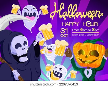 halloween special happy hour beer party poster invitation grim reaper little cute ghost pumpkin jack