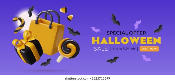 Halloween special offer flyer template with 3d realistic cute gift bag, present box, and candies. October 31st shopping banner design.