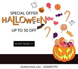 halloween special offer promotion banner with image pumpkin filled candy