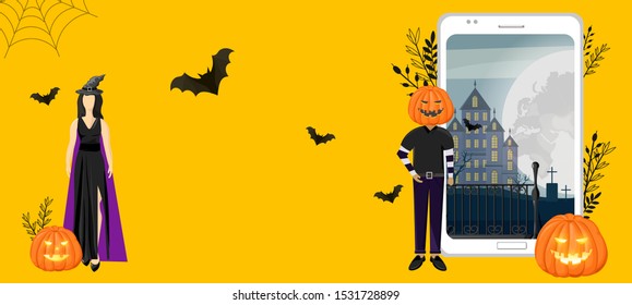 Halloween special offer sale banner with woman dressed in black, wearing witch hat. Man with pumpkin head near smart phone screen. Spider web and holiday bags. Vector. Flat style