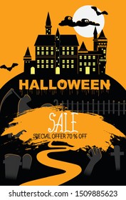 Halloween special offer sale with cemetery, Grim Reaper and castle with yellow lights. Holiday background vector